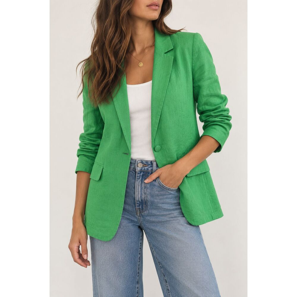 Halston Green 100% Linen Blazer Women’s M Bright Green Single Button Jacket